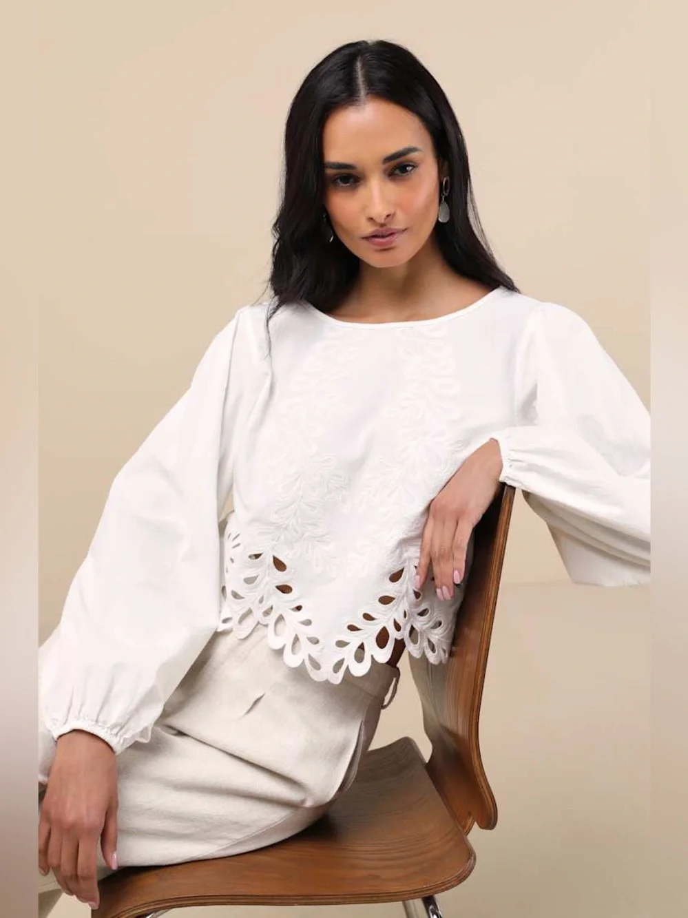 Lulus Adjoa White Embroidered Scalloped Blouson Sleeve Top - Picture 1 of 8